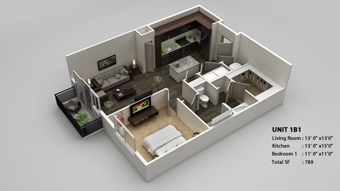 Floor plan for 1 bed, 1 bath, 789 sqft